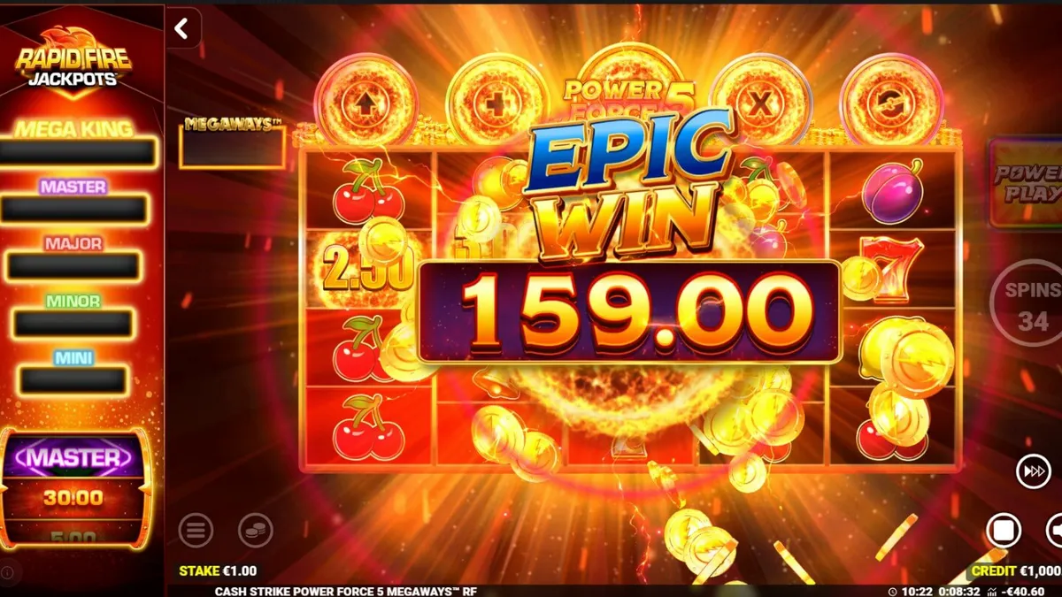 Interface do jogo Cash Strike Power Force 5 Megaways com símbolos de frutas clássicos