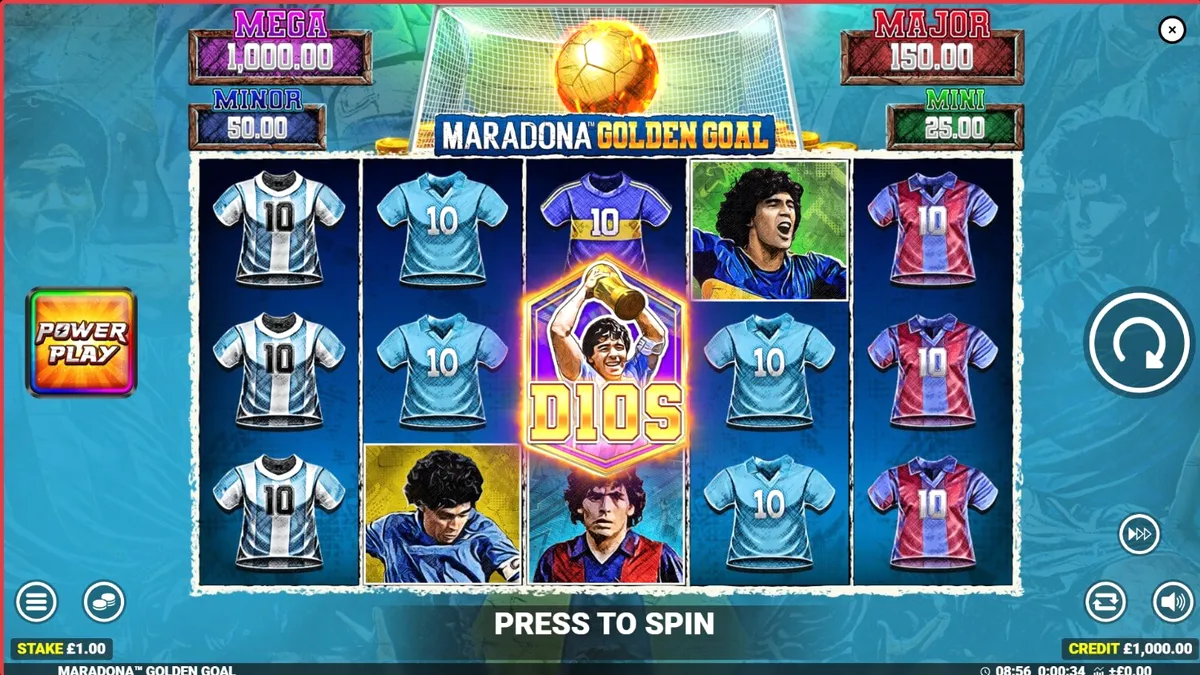 Tela do jogo de slot Maradona Golden Goal com elementos de futebol e jackpots