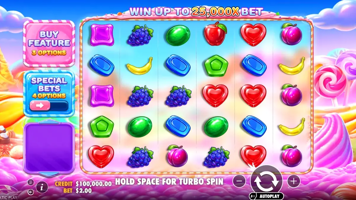 Visual colorido e festivo do jogo Sweet Bonanza 2500 com doces e frutas.