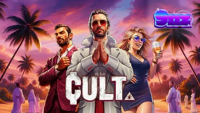 Imagem do jogo Cult Slot com símbolos de culto e personagens encapuzados, destacando a atmosfera misteriosa.